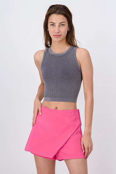 Shiny Ribbed Sleeveless Crop Top GRAY