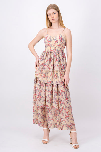 Layered Maxi Dress With Flowers BEIGE