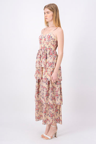 Layered Maxi Dress With Flowers BEIGE