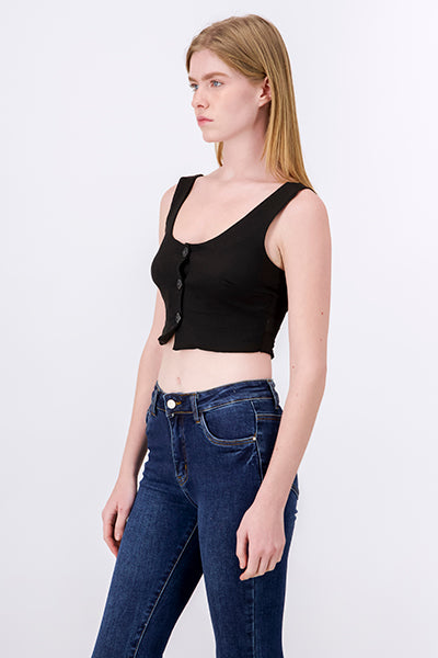 Wide Straped Button Crop Top BLACK