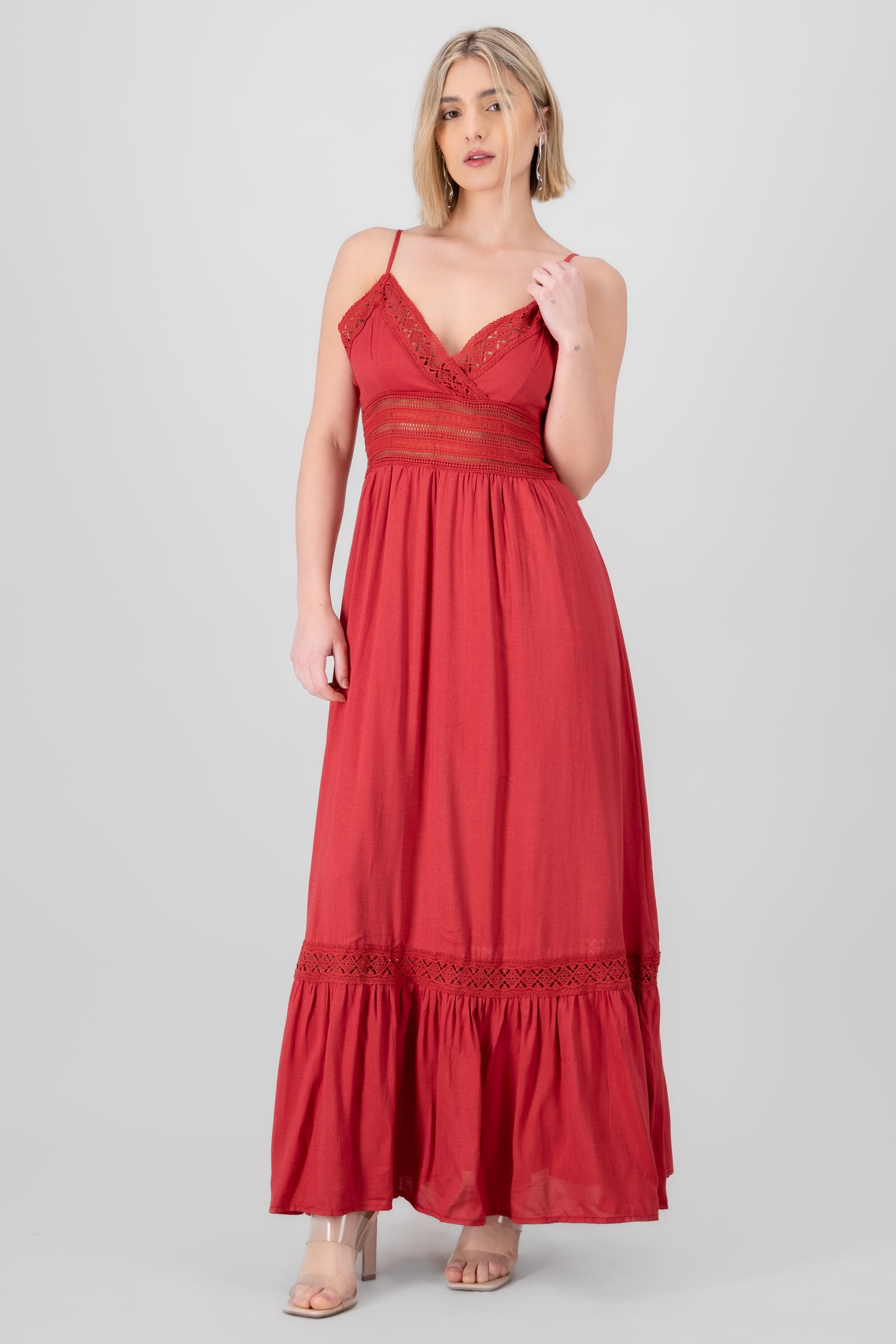 Crochet Hollow Out Maxi Dress RED