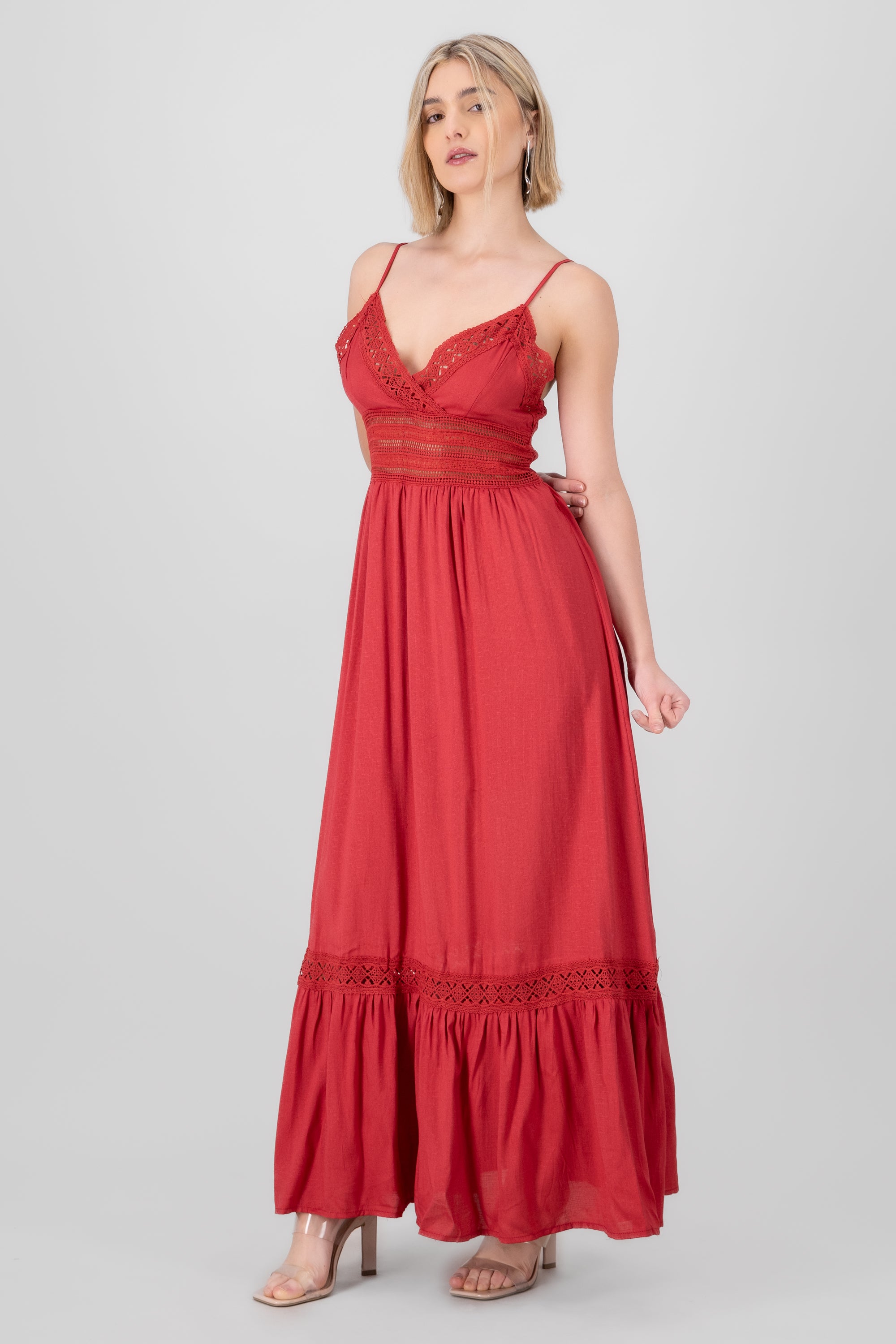 Crochet Hollow Out Maxi Dress RED