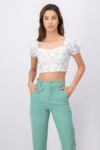 Sweatheart Floral Puff Sleeve Crop Top WHITE COMBO