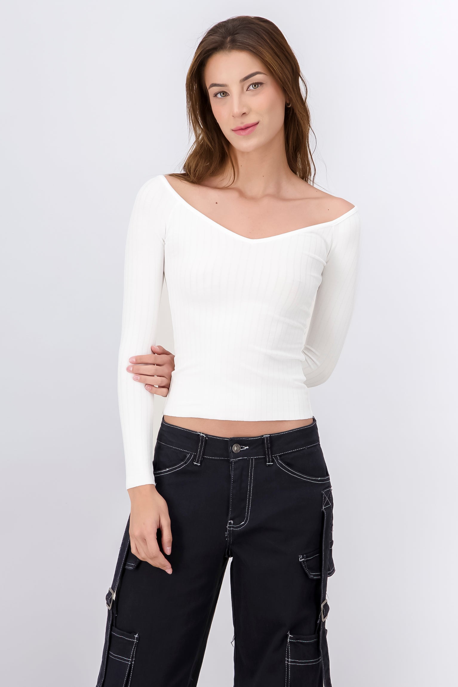 Solid Long Sleeve V Neck Top WHITE