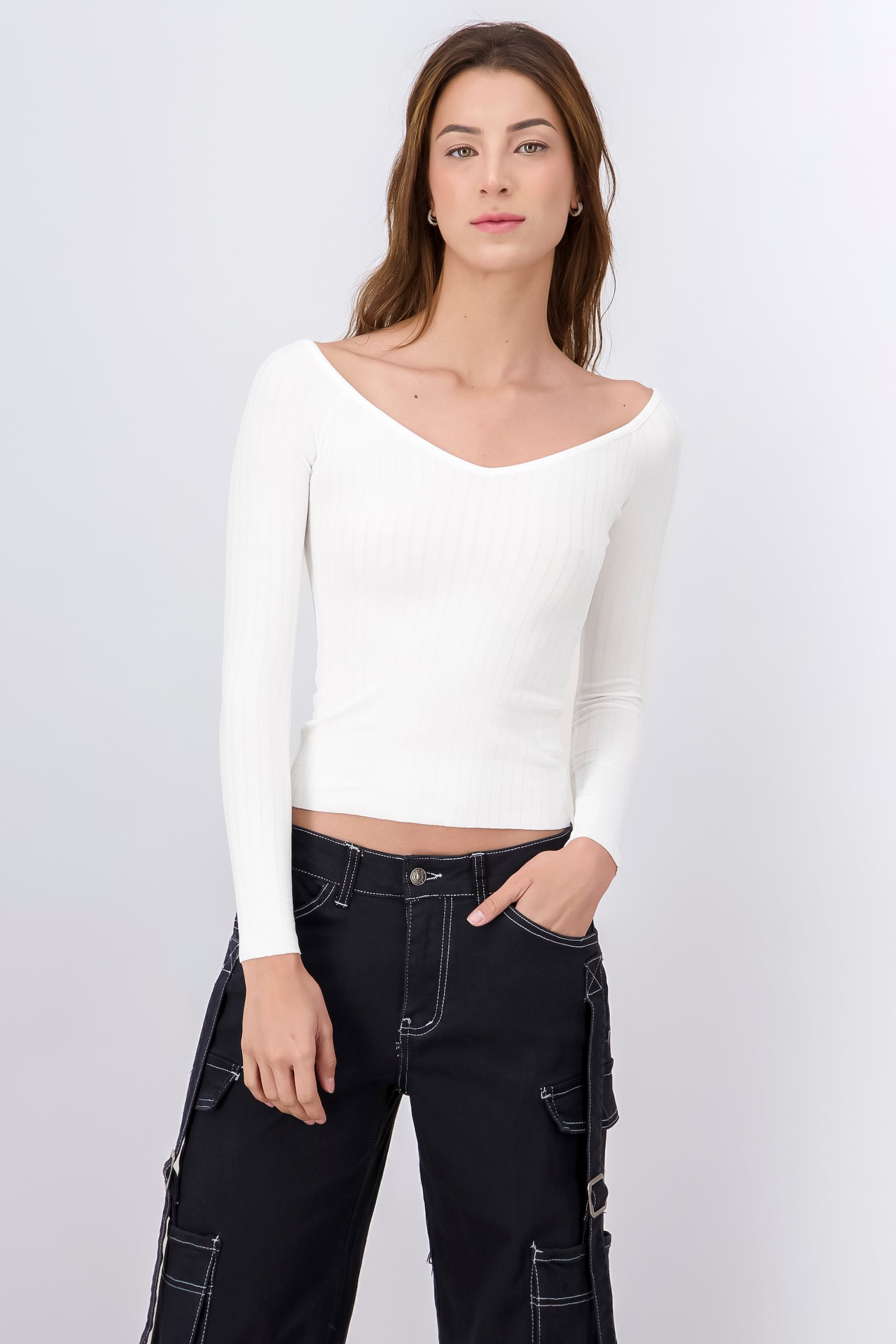 Solid Long Sleeve V Neck Top WHITE