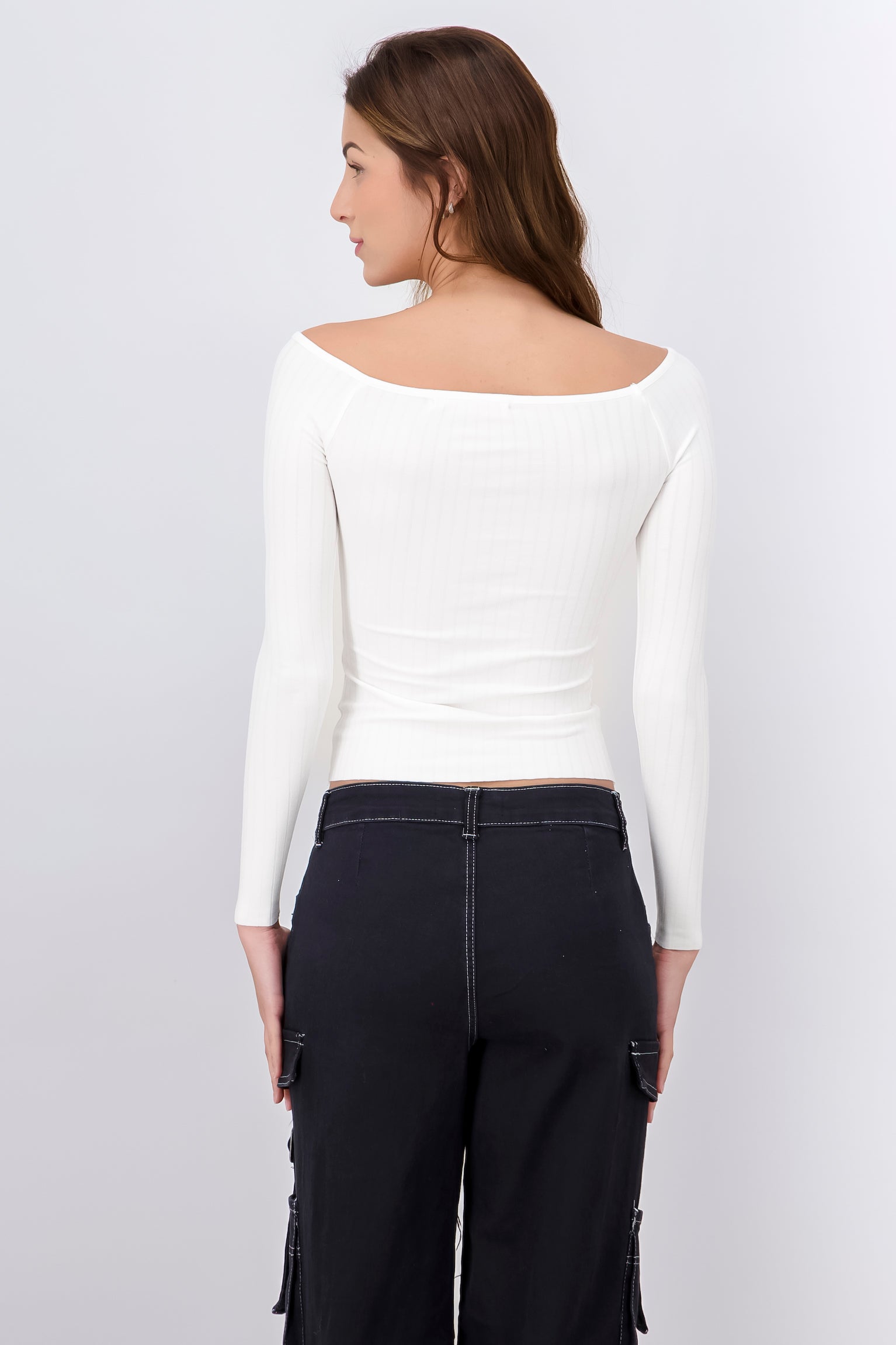 Solid Long Sleeve V Neck Top WHITE