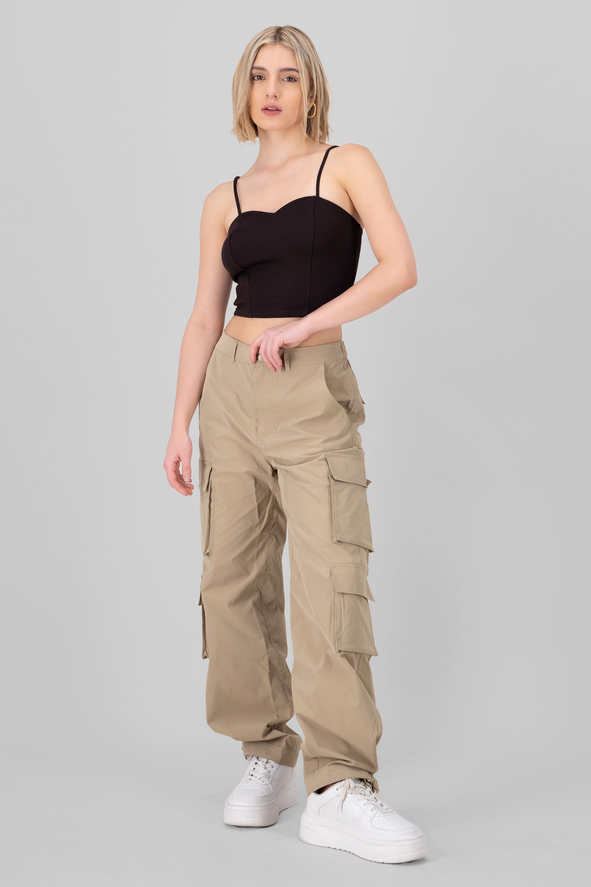 High Waist Cargo Pants With Pleated Details KHAKI