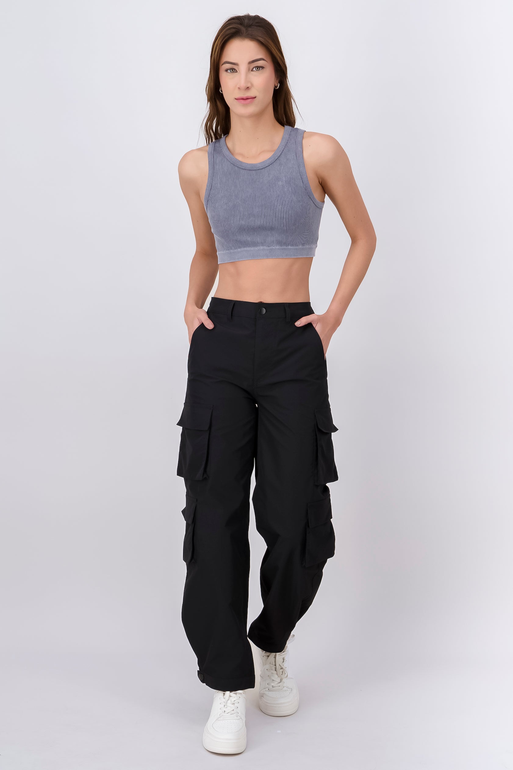 High Waist Cargo Pants With Pleated Details BLACK