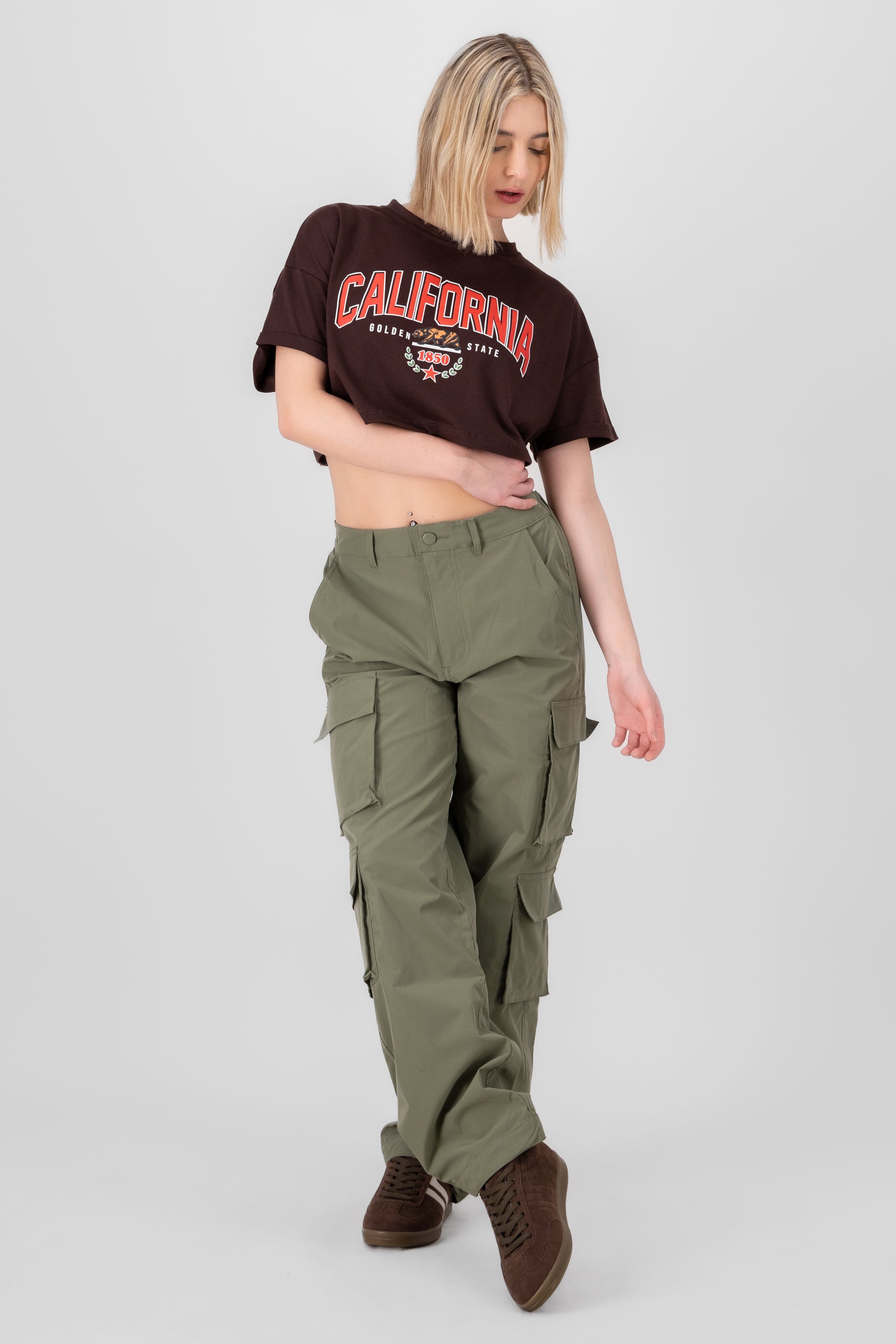 High Waist Cargo Pants With Pleated Details OLIVE