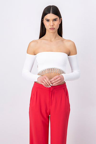 Long Sleeve OffTheShoulder Rhinestone Top WHITE