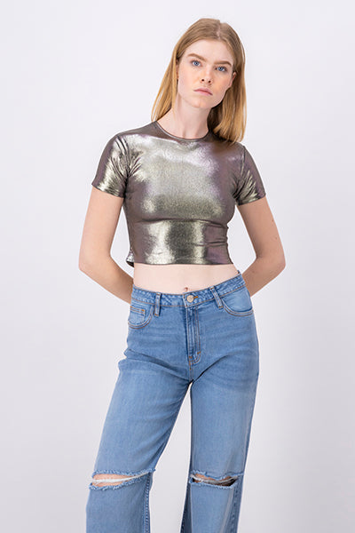 Short Sleeve Metallic Crop Top SILVER