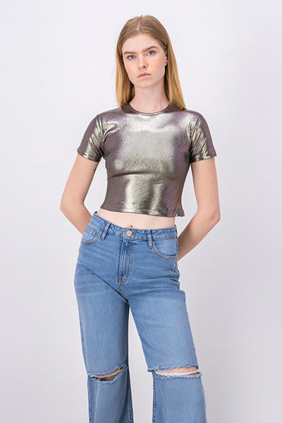 Short Sleeve Metallic Crop Top SILVER