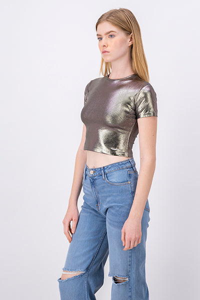 Short Sleeve Metallic Crop Top SILVER