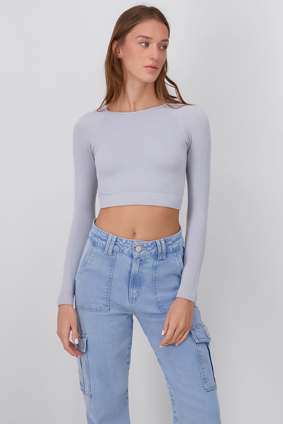 Long Sleeve Seamless Crop Top LIGHT GRAY