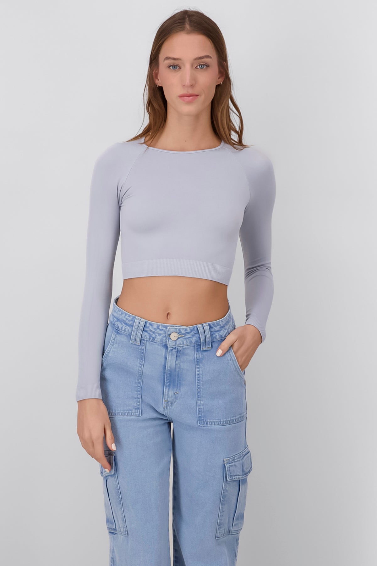 Long Sleeve Seamless Crop Top LIGHT GRAY