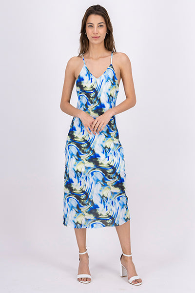 WavePrint Crisscross Ribbon Maxi Dress BLUE COMBO