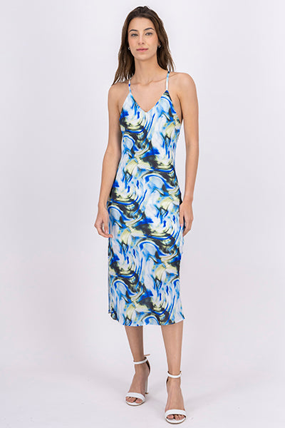 WavePrint Crisscross Ribbon Maxi Dress BLUE COMBO