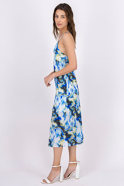 WavePrint Crisscross Ribbon Maxi Dress BLUE COMBO