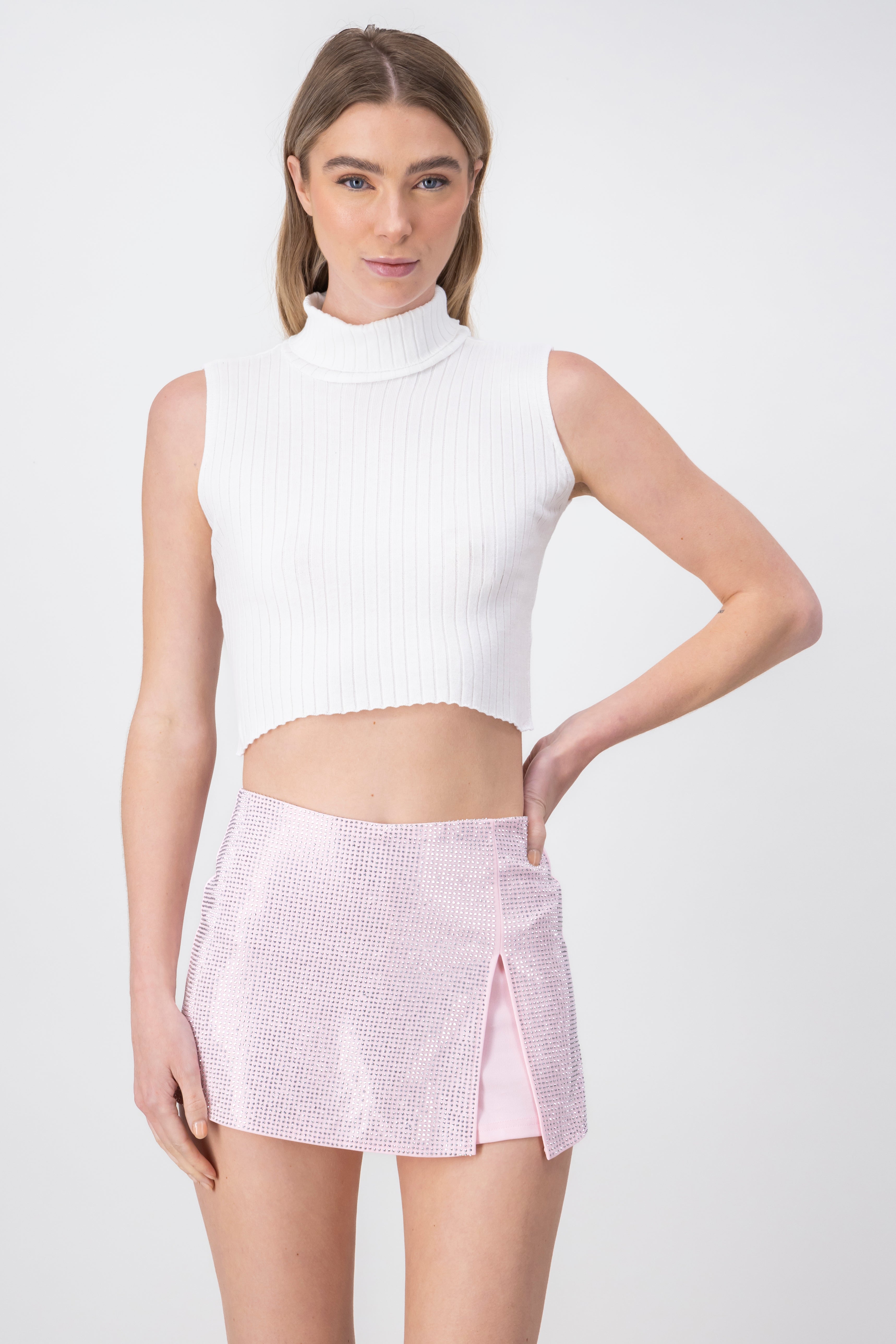 Sleeveless Woven Turtle Neck Top WHITE