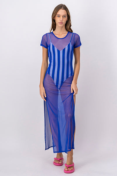 Short Sleeve Maxi Mesh Cover Up Dress BLUE