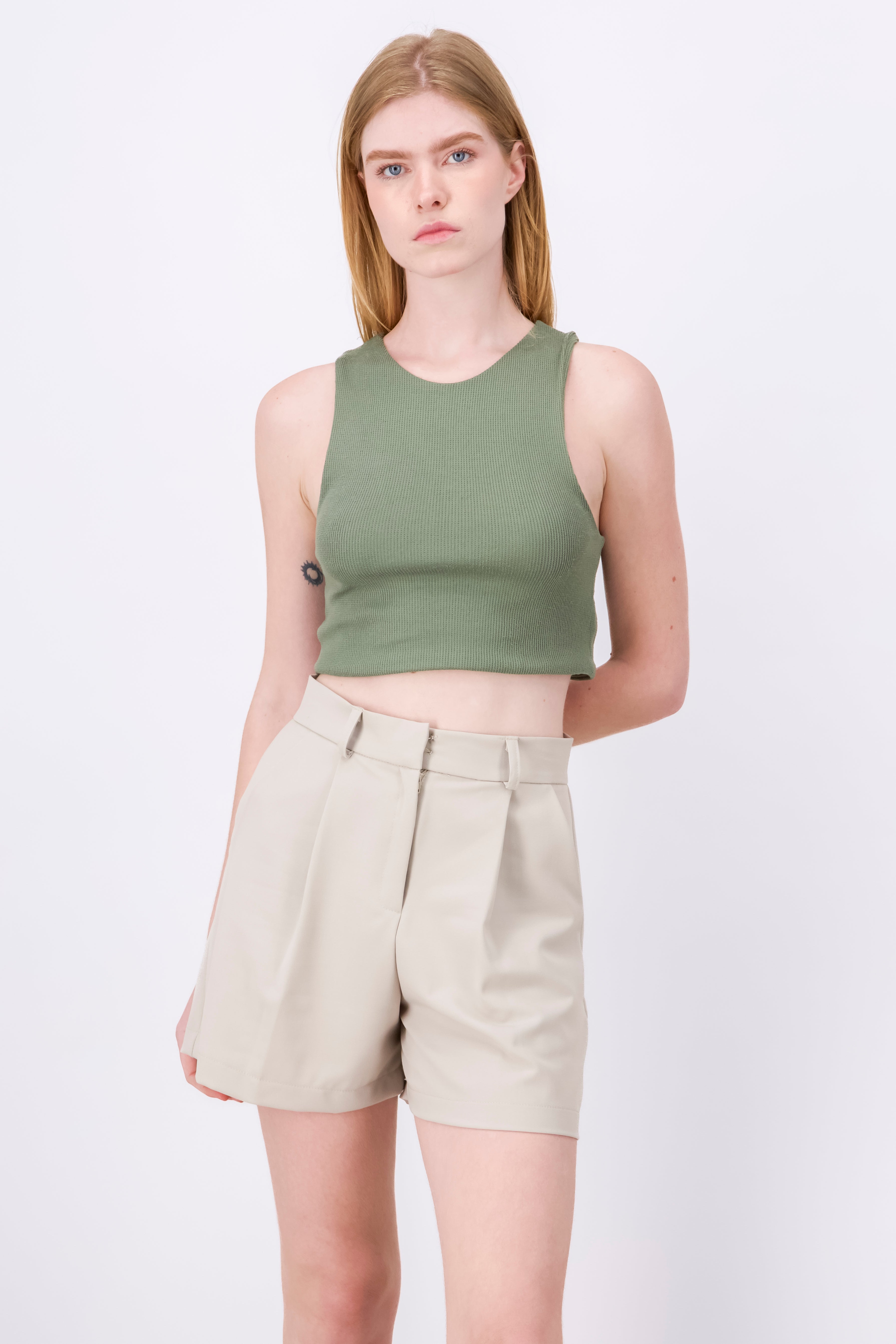 Sleeveless Textured Round Neck Crop Top GREEN