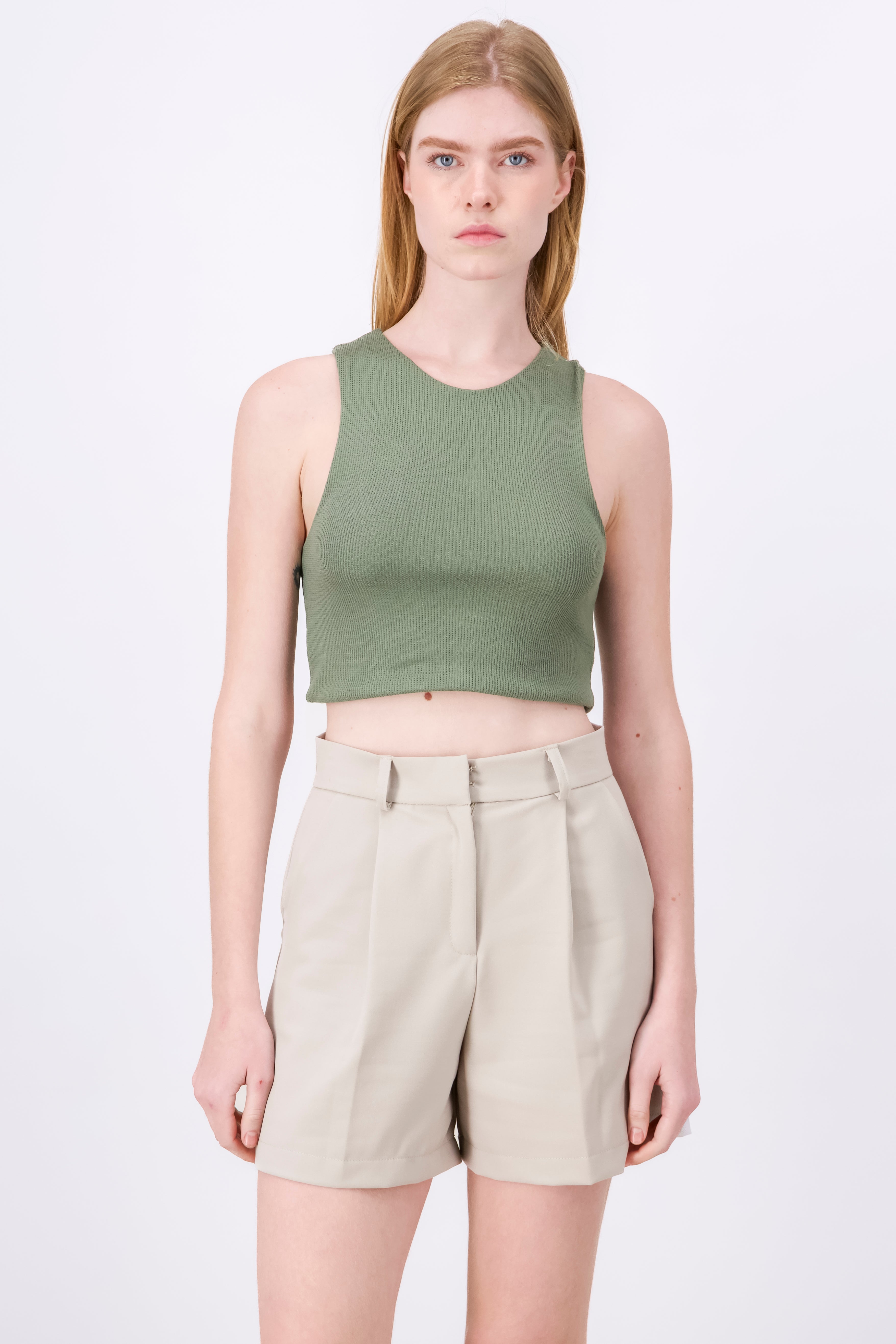 Sleeveless Textured Round Neck Crop Top GREEN