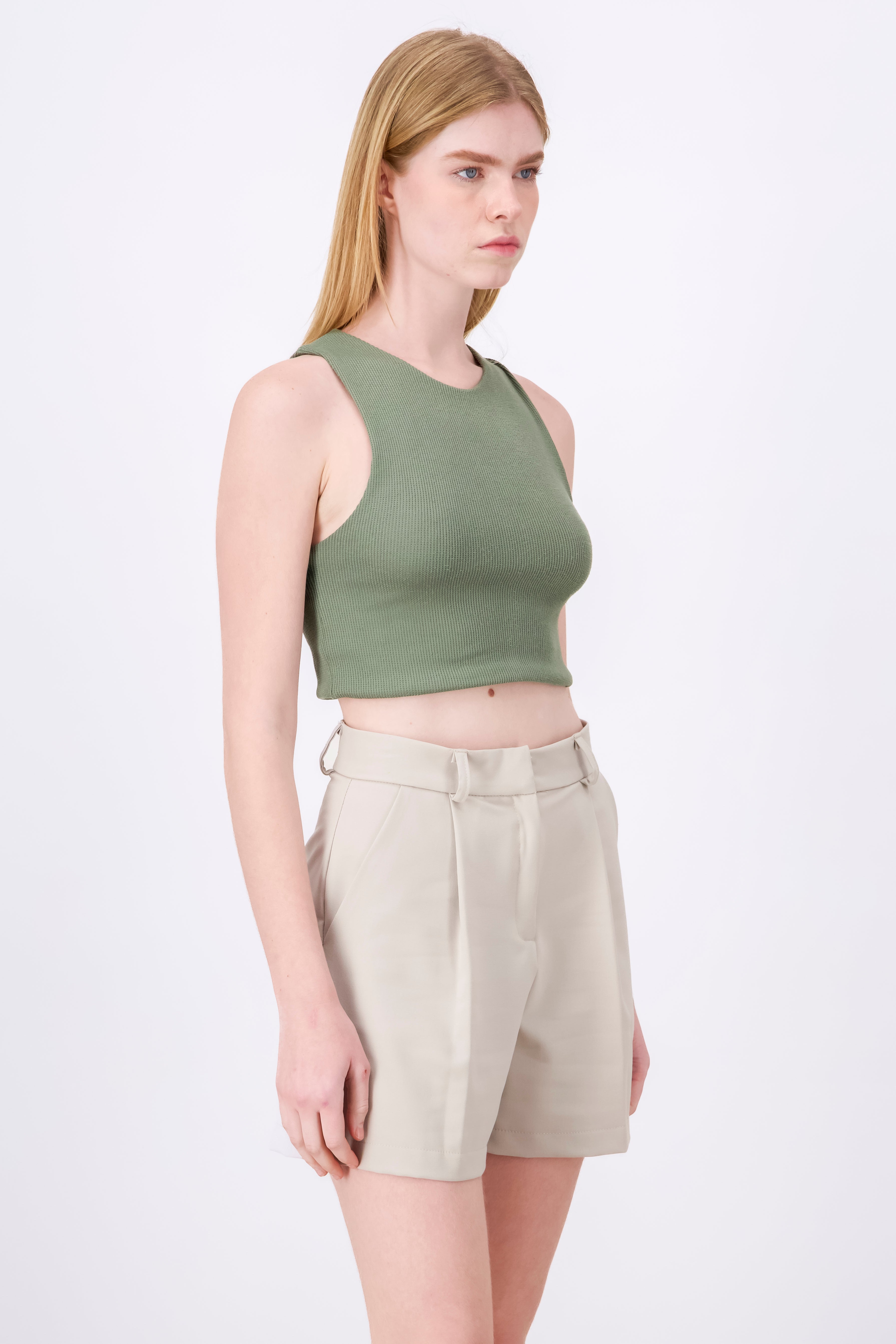 Sleeveless Textured Round Neck Crop Top GREEN