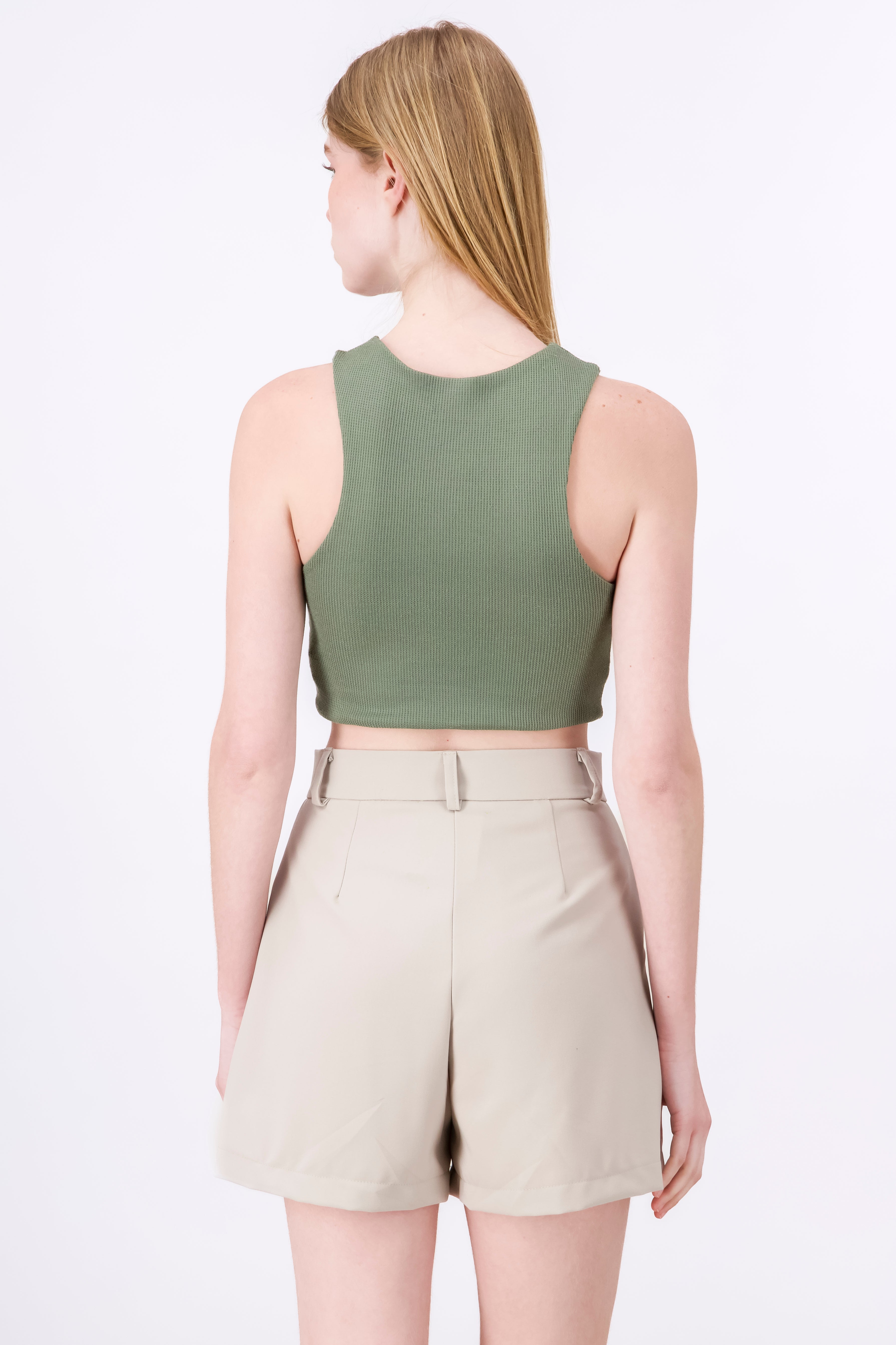 Sleeveless Textured Round Neck Crop Top GREEN