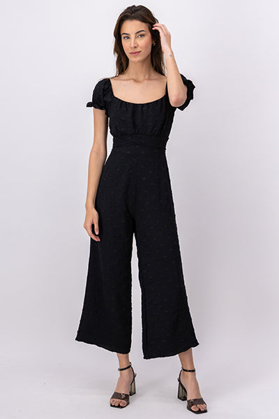 Textured Short Sleeve Jumpsuit BLACK