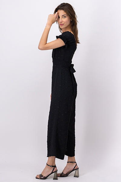 Textured Short Sleeve Jumpsuit BLACK