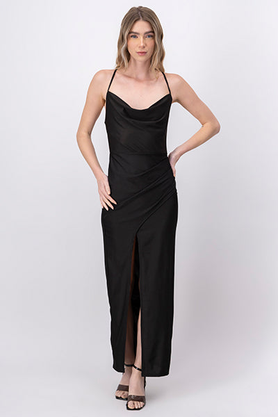 Satin Draped Neck Maxi Dress BLACK