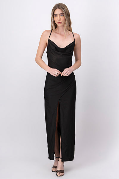 Satin Draped Neck Maxi Dress BLACK