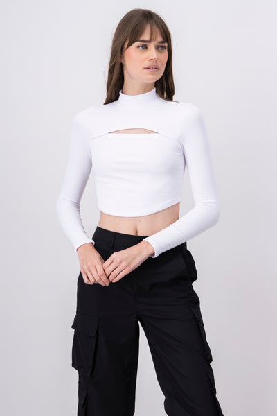 Solid Ribbed Cut Out Long Sleeve Top WHITE