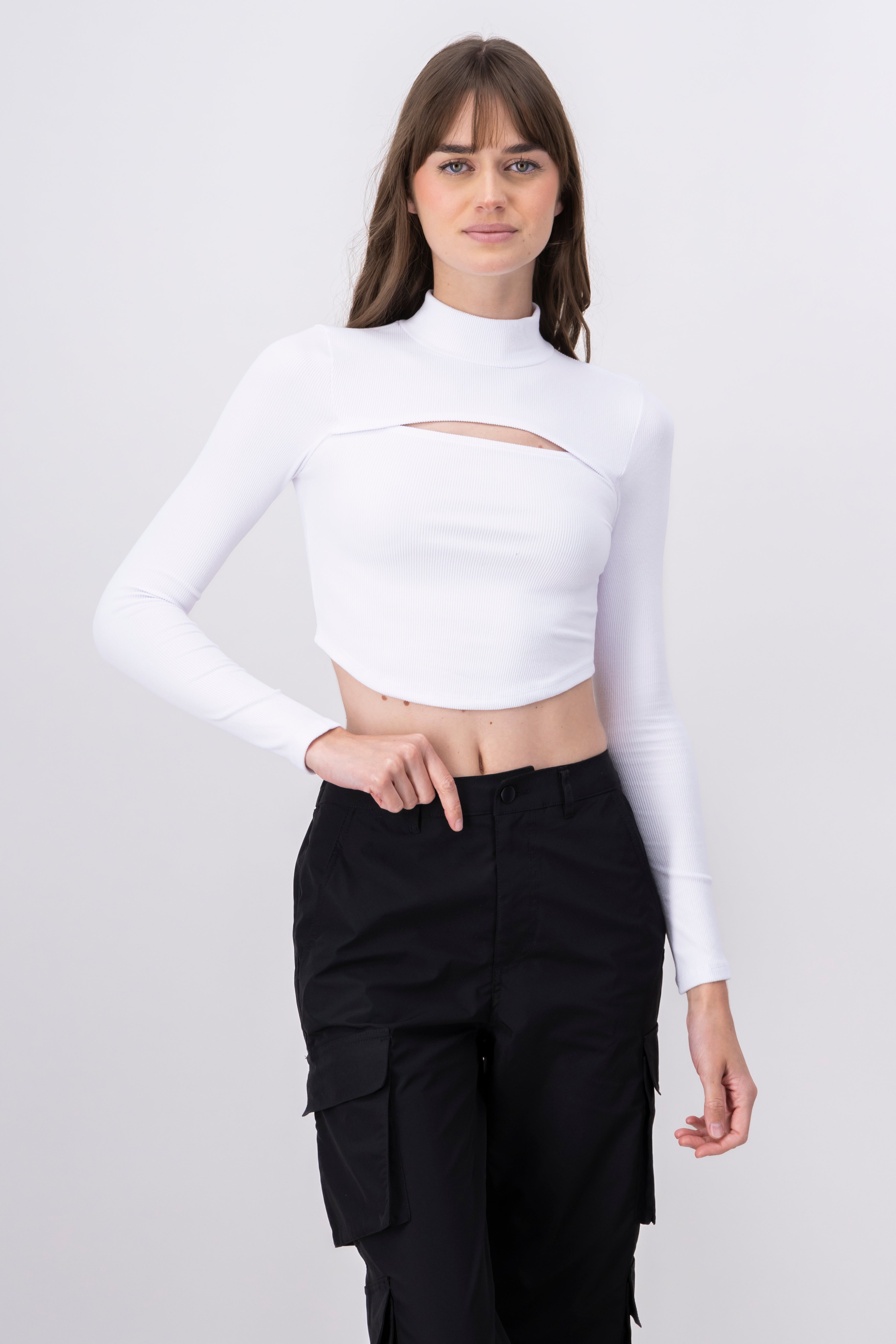 Solid Ribbed Cut Out Long Sleeve Top WHITE