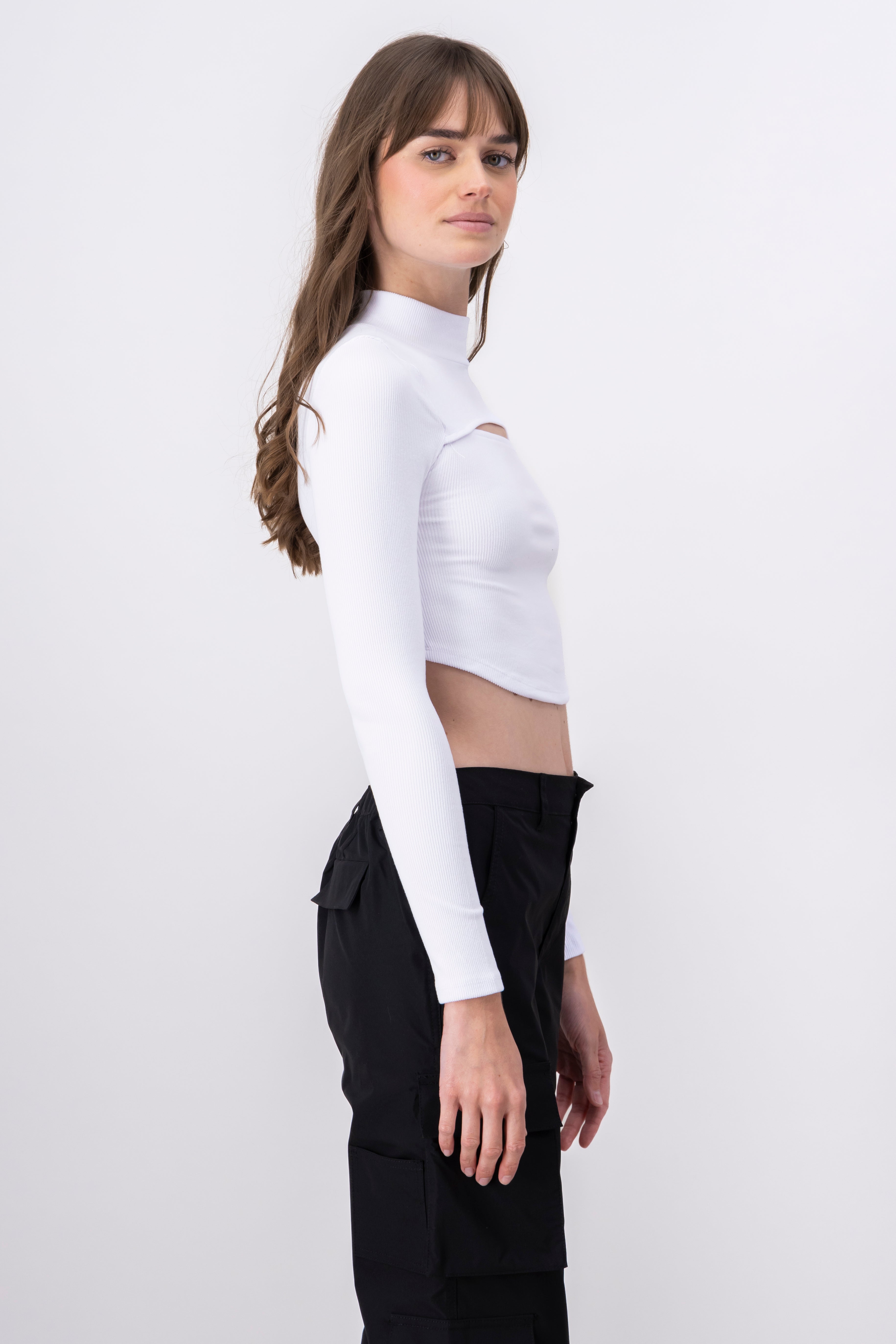 Solid Ribbed Cut Out Long Sleeve Top WHITE