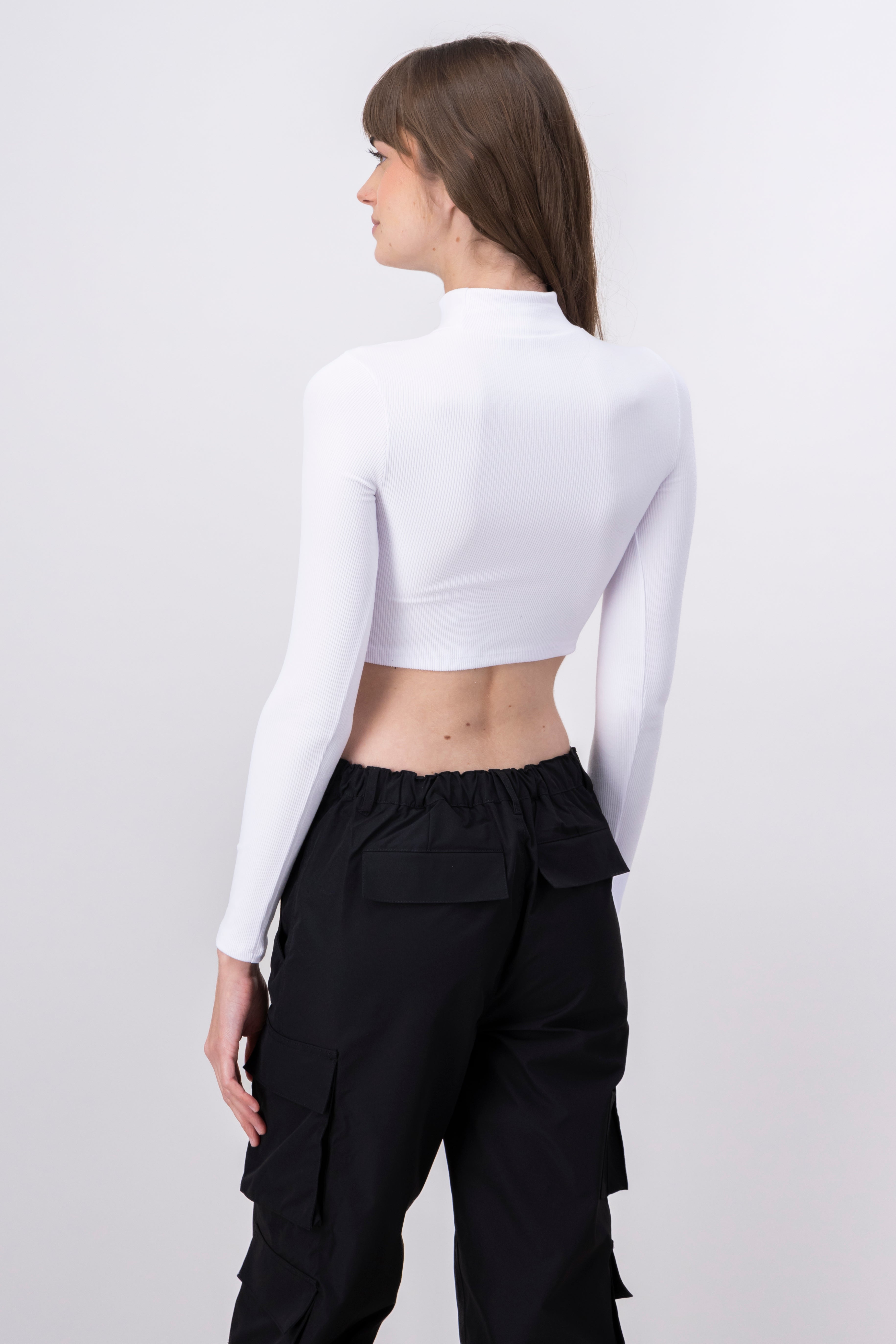 Solid Ribbed Cut Out Long Sleeve Top WHITE