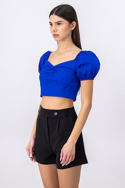 Puff Short Sleeve Pleated Top ELECTRIC BLUE