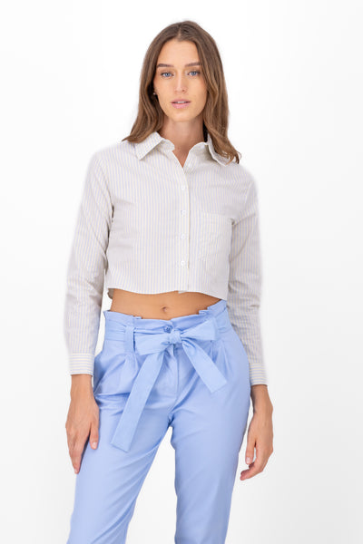 Double Pocket Cropped Long Sleeve Shirt BLUE COMBO