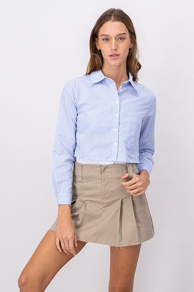 Double Pocket Cropped Long Sleeve Shirt BLUE COMBO