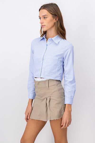 Double Pocket Cropped Long Sleeve Shirt BLUE COMBO