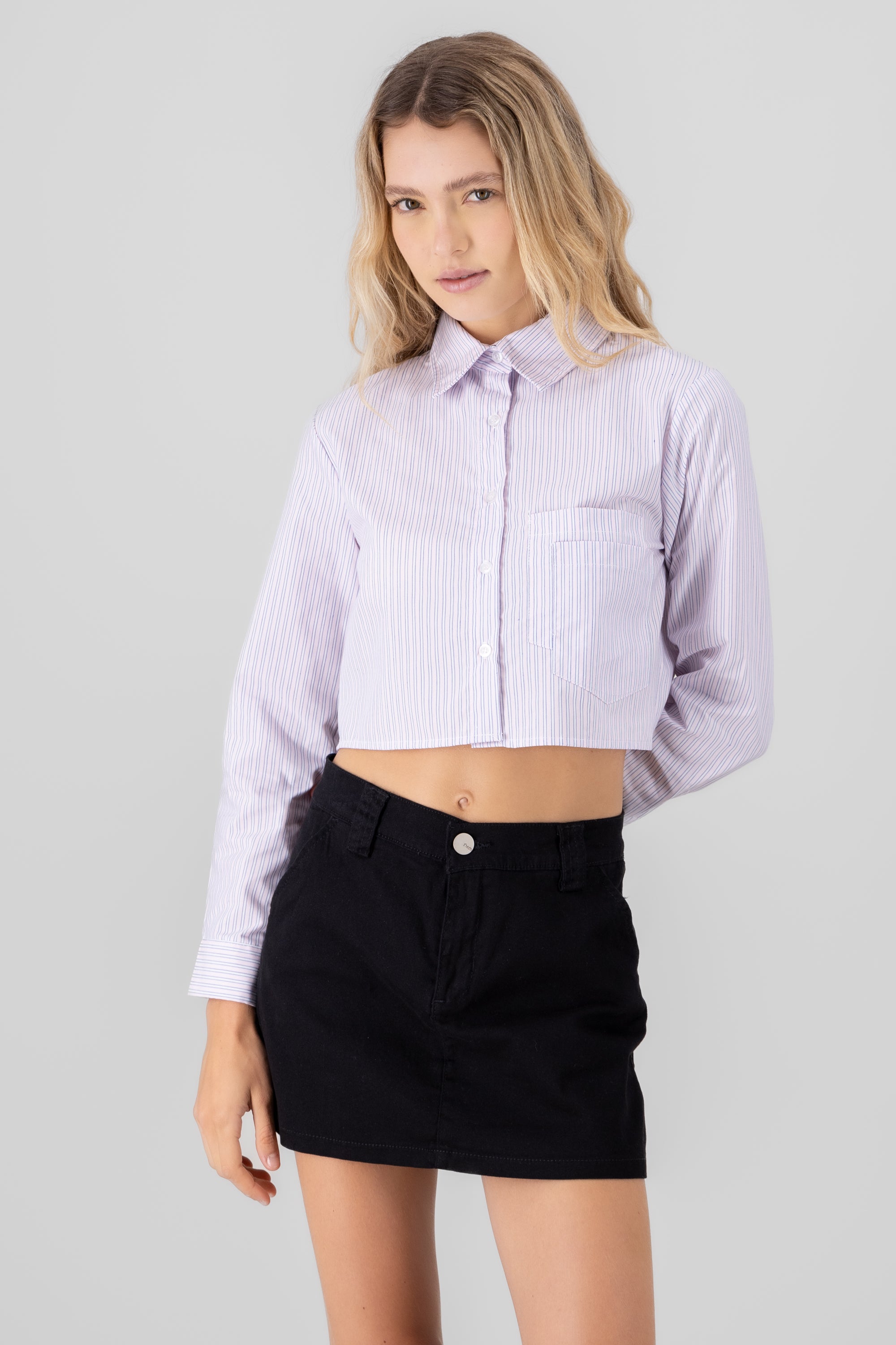 Double Pocket Cropped Long Sleeve Shirt PINK COMBO