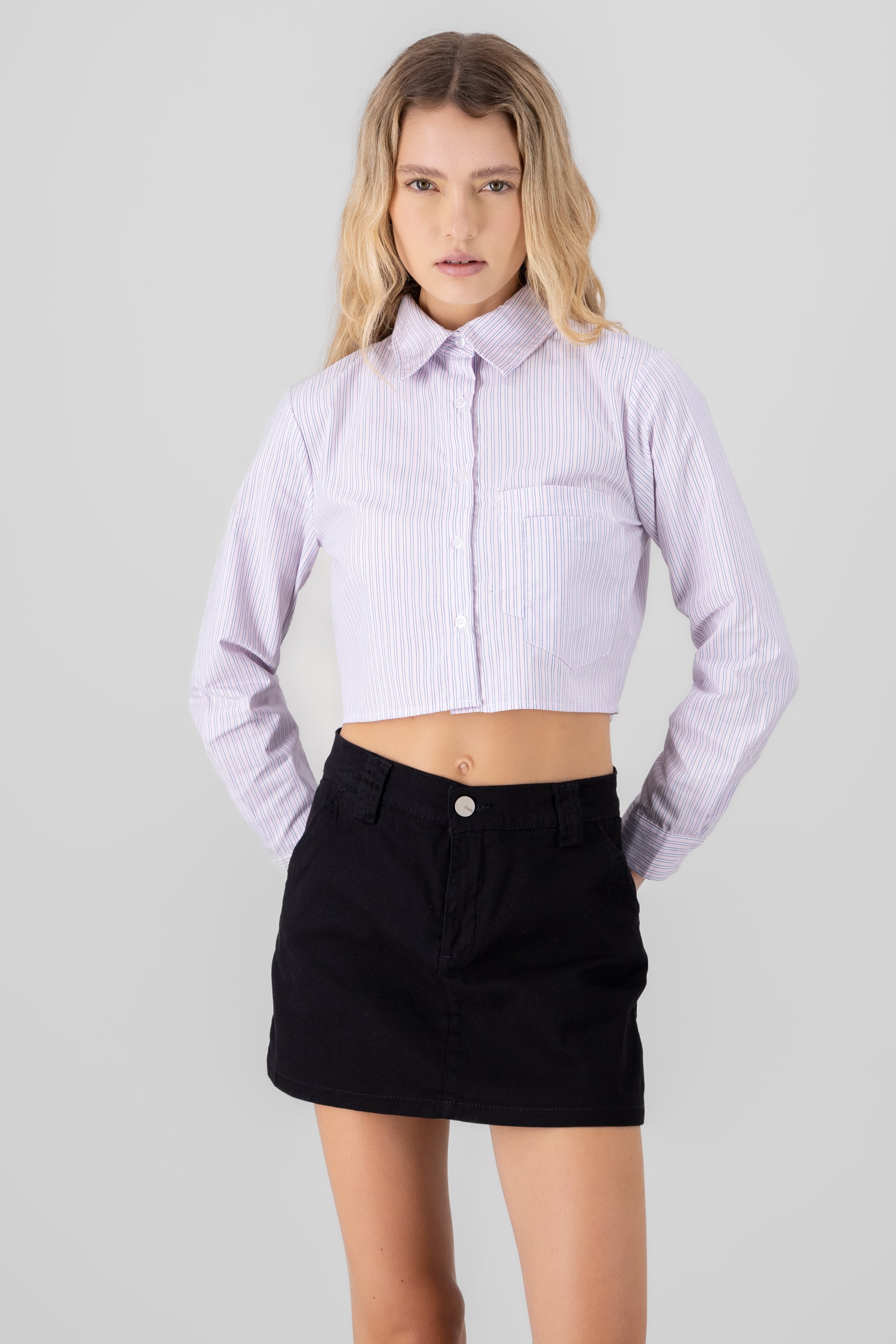 Double Pocket Cropped Long Sleeve Shirt PINK COMBO