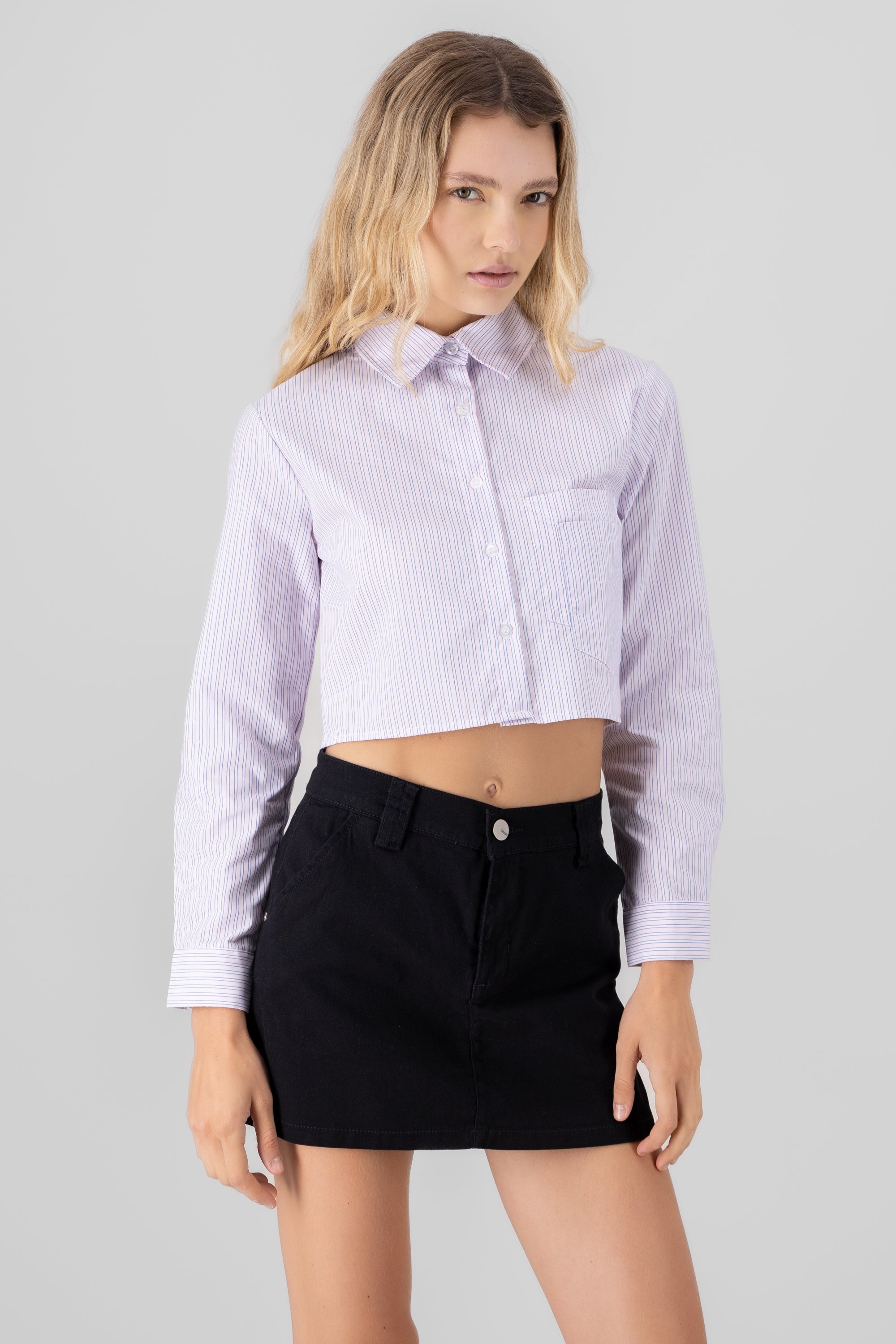 Double Pocket Cropped Long Sleeve Shirt PINK COMBO