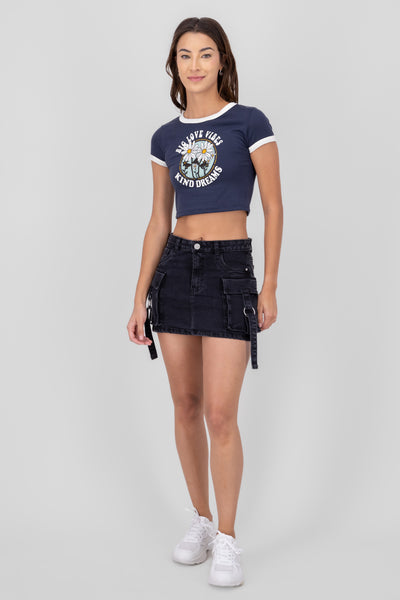 Straight Mini Cargo Skirt With Straps MEDIUM ACID WASH