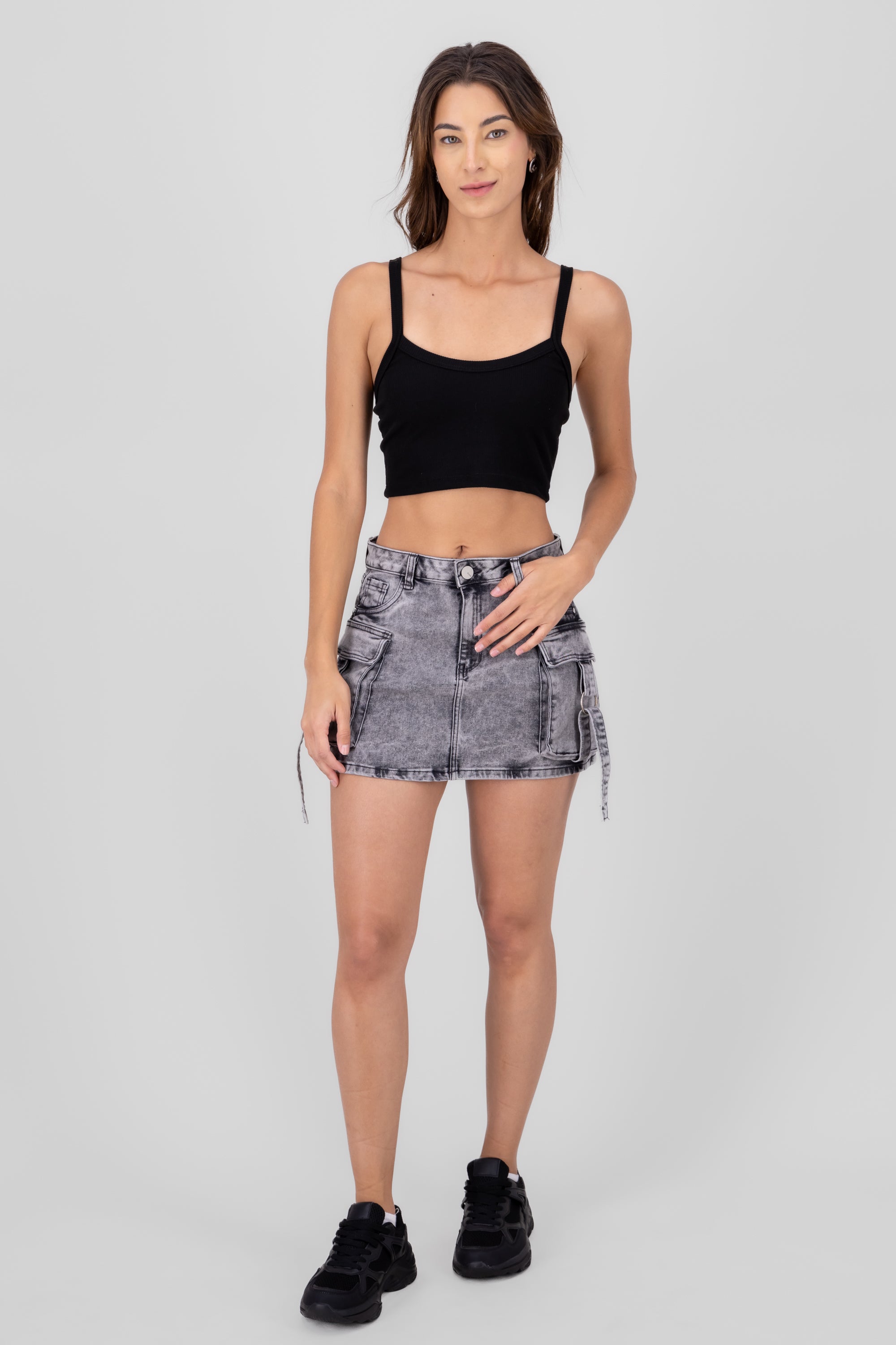 Straight Mini Cargo Skirt With Straps LIGHT GRAY