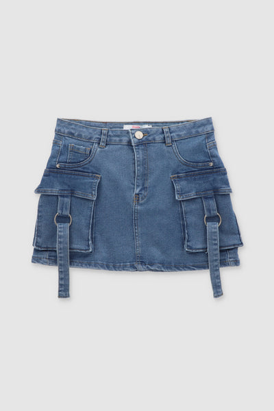 Straight Mini Cargo Skirt With Straps MEDIUM ACID WASH