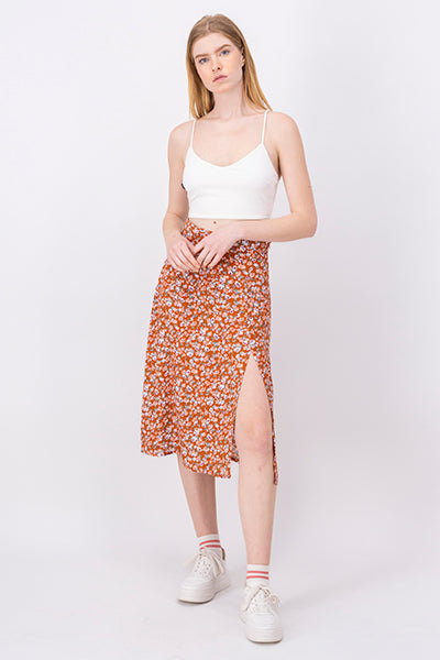 Floral Side Opening Midi Skirt BROWN COMBO