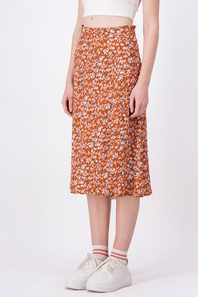 Floral Side Opening Midi Skirt BROWN COMBO