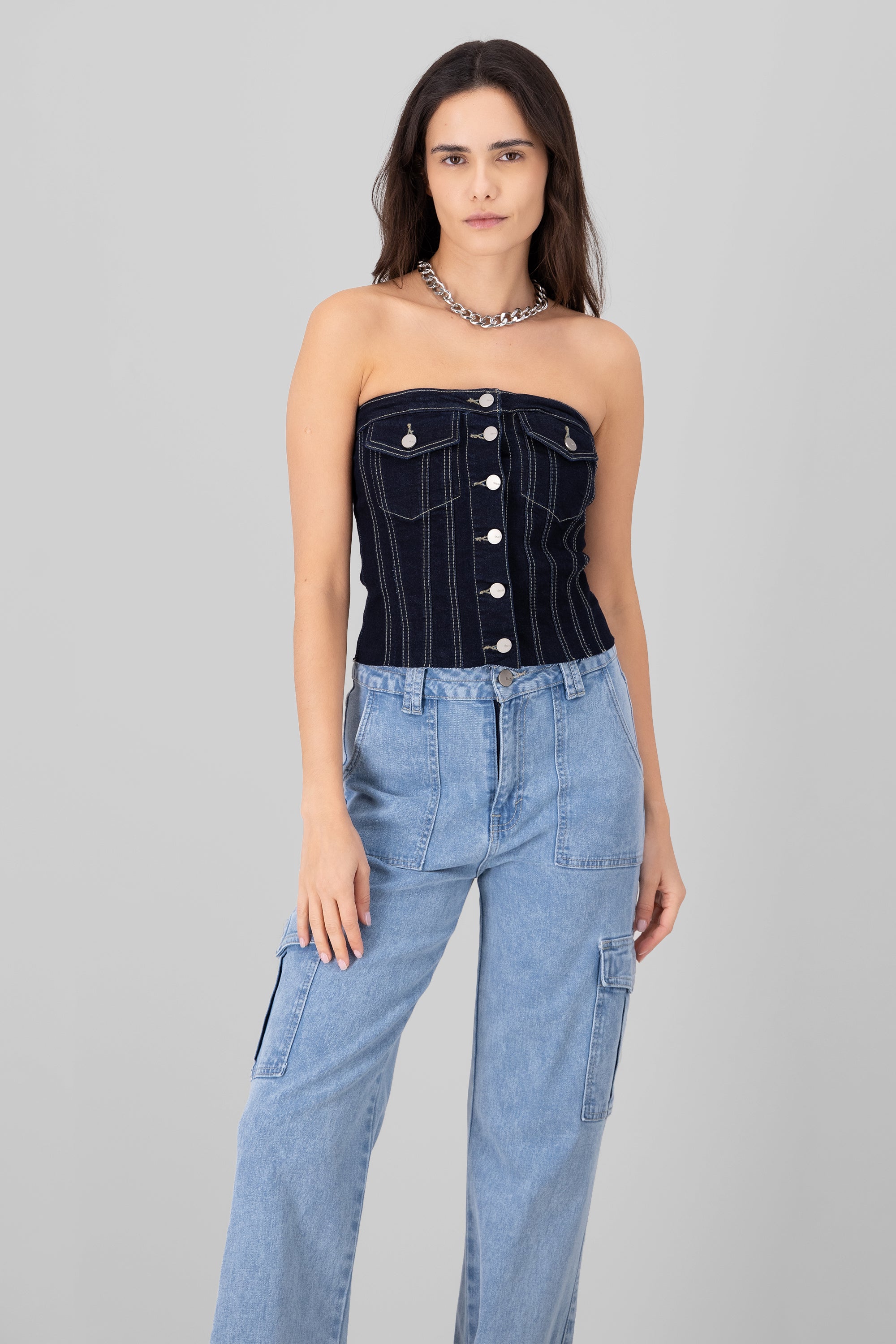 Strapless Denim Corset Top With Utility Pockets DARK WASH