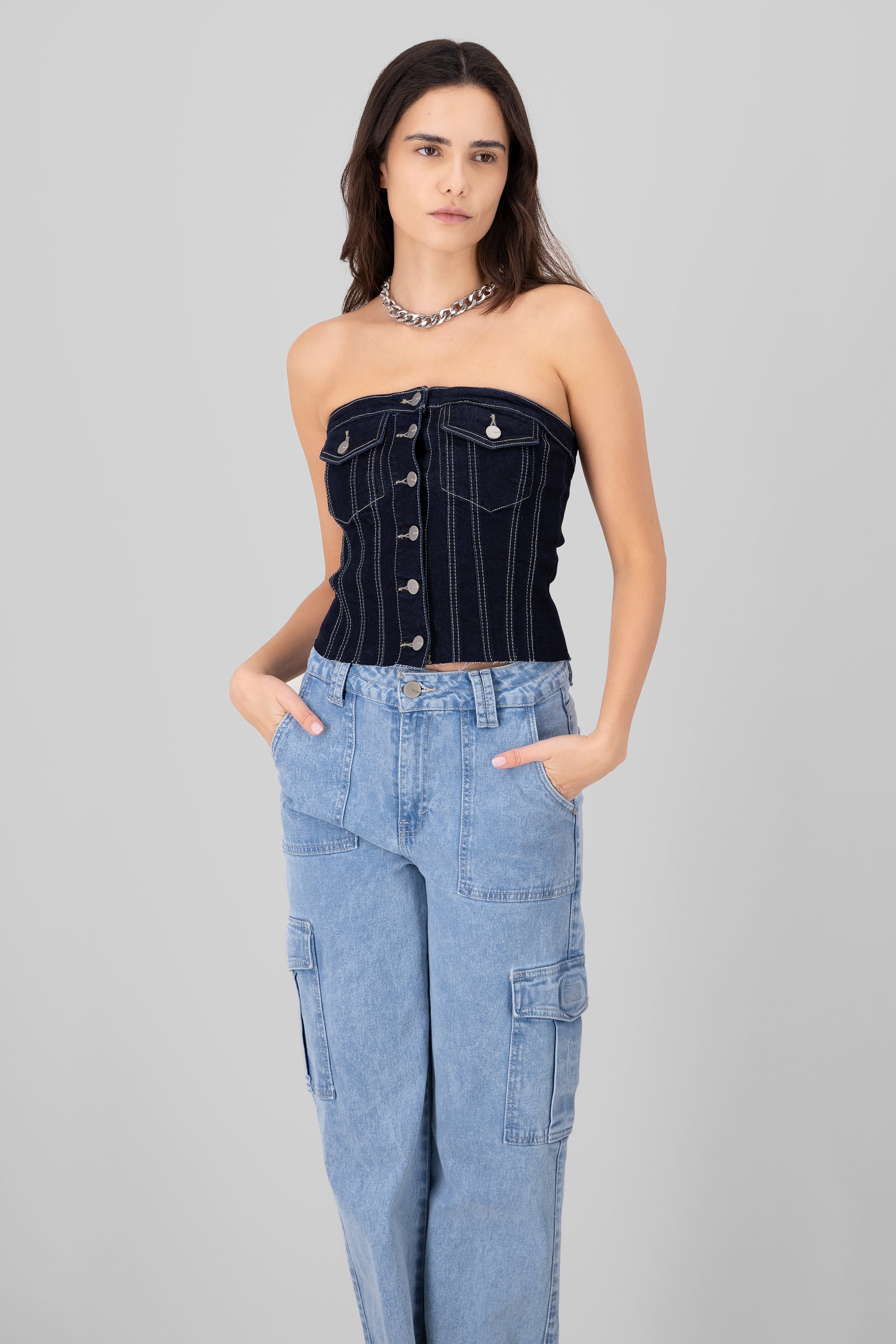 Strapless Denim Corset Top With Utility Pockets DARK WASH